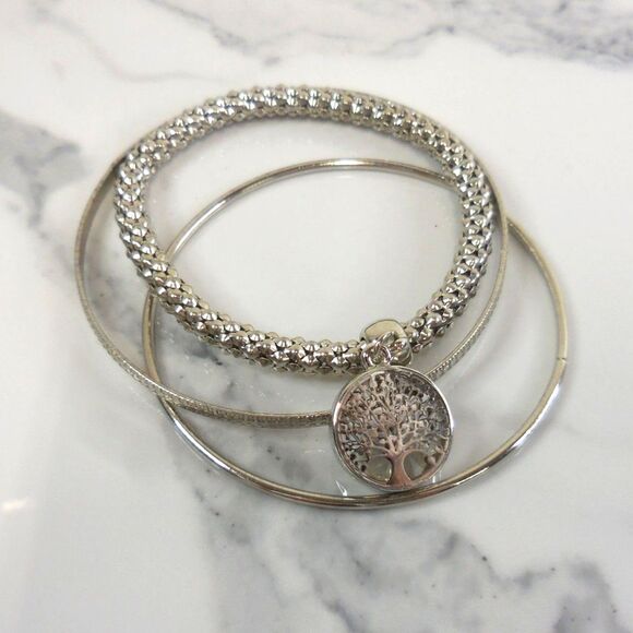 3 Silver-toned Stackable Bangles | 7 1/2" | Tree of Life Charm with rhinestones - Picture 3 of 3